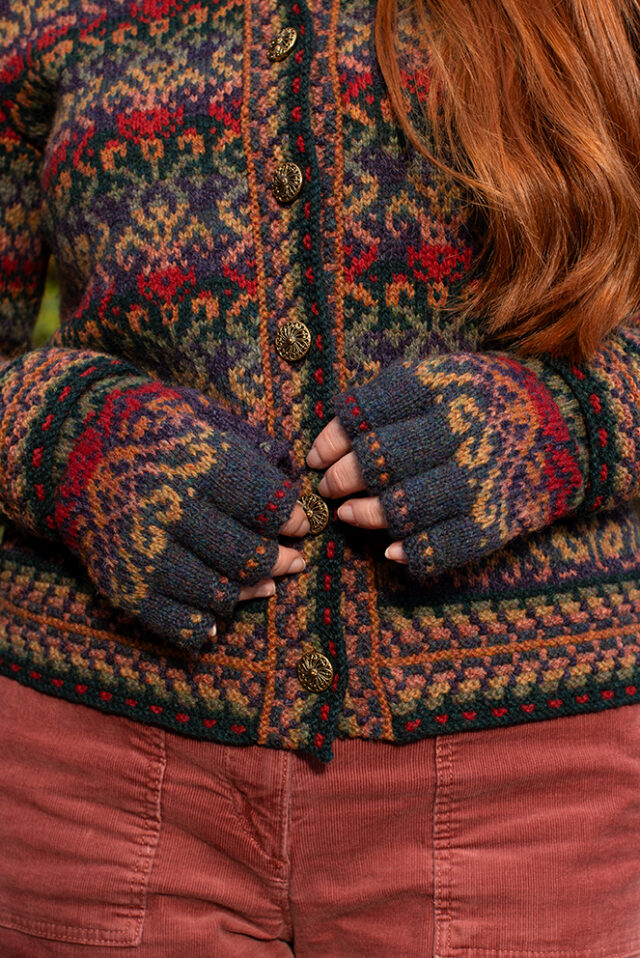 The Red Jacobite Rose Cardgian and Hat Set patterncard kit designs by Alice Starmore in Hebridean 2 Ply