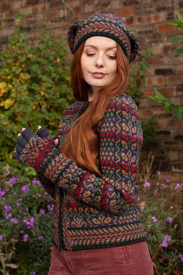 The Red Jacobite Rose Cardgian and Hat Set patterncard kit designs by Alice Starmore in Hebridean 2 Ply