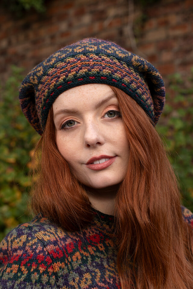 The Red Jacobite Rose Cardgian and Hat Set patterncard kit designs by Alice Starmore in Hebridean 2 Ply