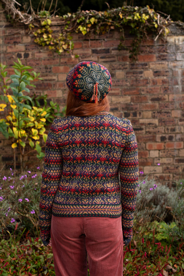 The Red Jacobite Rose Cardgian and Hat Set patterncard kit designs by Alice Starmore in Hebridean 2 Ply