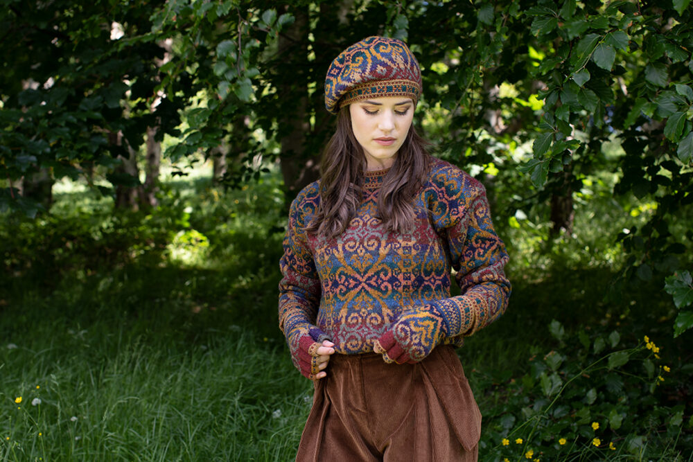 Henry VIII Hat Set patterncard kit design by Alice Starmore in Hebridean 2 Ply yarn