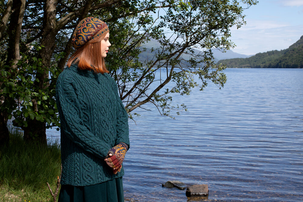 Henry VIII Hat Set patterncard kit design by Alice Starmore in Hebridean 2 Ply yarn and the St Brigid pullover in Hebridean 3 Ply from the book Aran Knitting by Alice Starmore