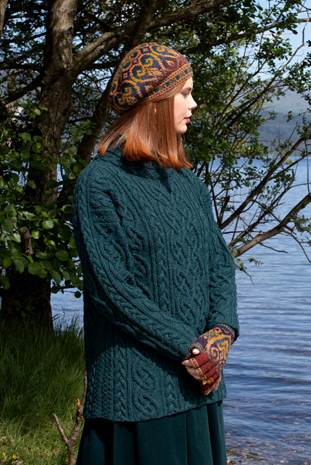 Henry VIII Hat Set patterncard kit design by Alice Starmore in Hebridean 2 Ply yarn and the St Brigid pullover in Hebridean 3 Ply from the book Aran Knitting by Alice Starmore