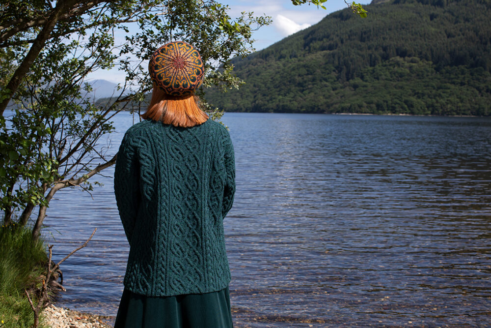 Henry VIII Hat Set patterncard kit design by Alice Starmore in Hebridean 2 Ply yarn and the St Brigid pullover in Hebridean 3 Ply from the book Aran Knitting by Alice Starmore