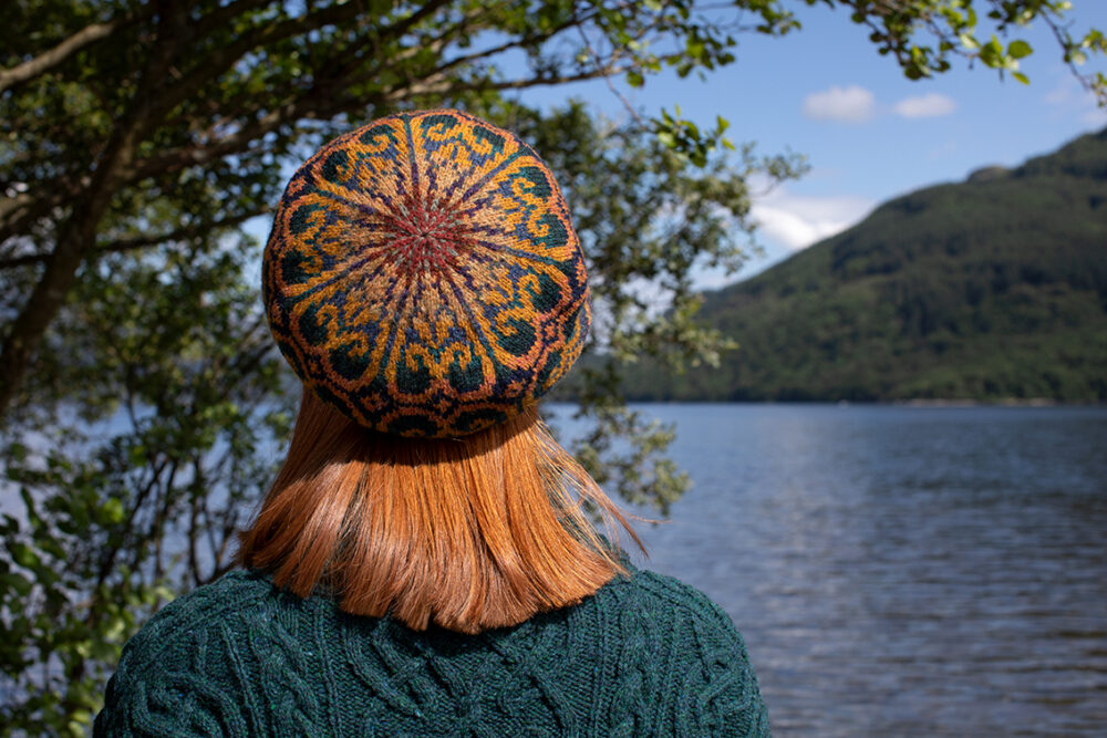Henry VIII Hat Set patterncard kit design by Alice Starmore in Hebridean 2 Ply yarn and the St Brigid pullover in Hebridean 3 Ply from the book Aran Knitting by Alice Starmore