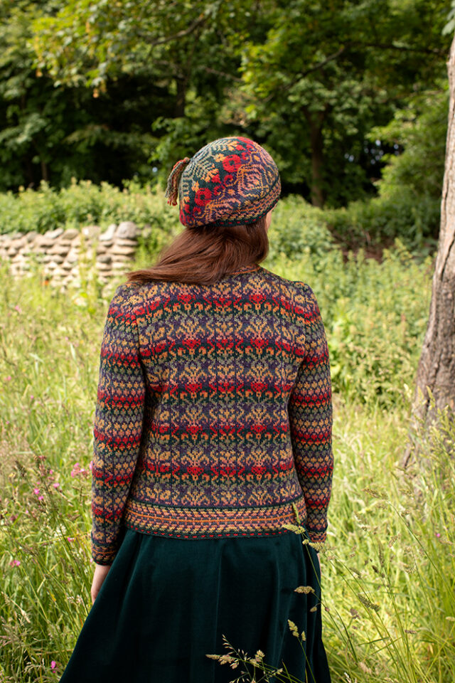 Jacobite Rose Hat Set and Cardigan patterncard kit designs by Alice Starmore in Hebridean 2 Ply yarn
