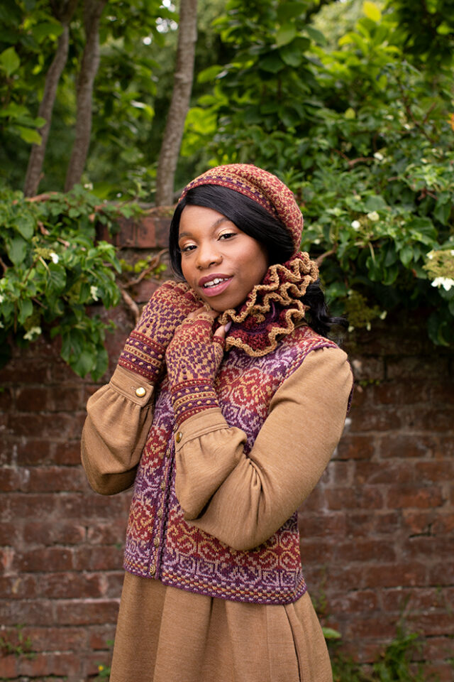 Briodag Hat Set by Alice Starmore and Rosarie waistcoat design by Jade Starmore in Hebridean 2 Ply yarn