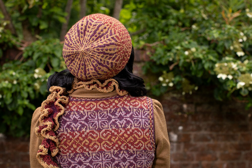 Briodag Hat Set by Alice Starmore and Rosarie waistcoat design by Jade Starmore in Hebridean 2 Ply yarn