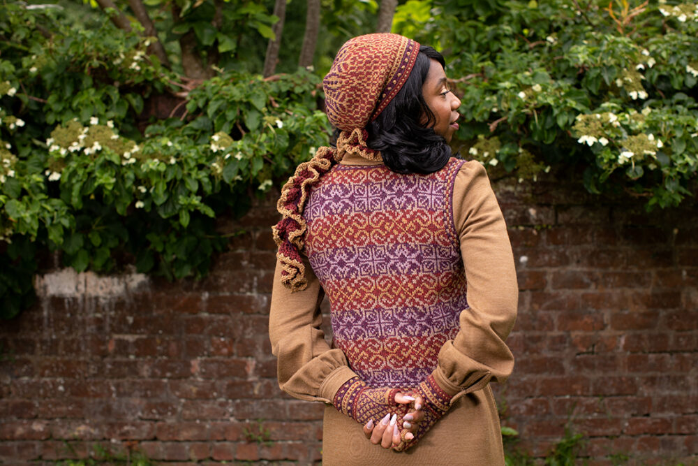 Briodag Hat Set by Alice Starmore and Rosarie waistcoat design by Jade Starmore in Hebridean 2 Ply yarn
