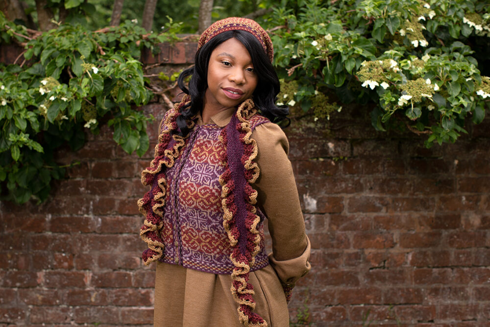 Briodag Hat Set by Alice Starmore and Rosarie waistcoat design by Jade Starmore in Hebridean 2 Ply yarn