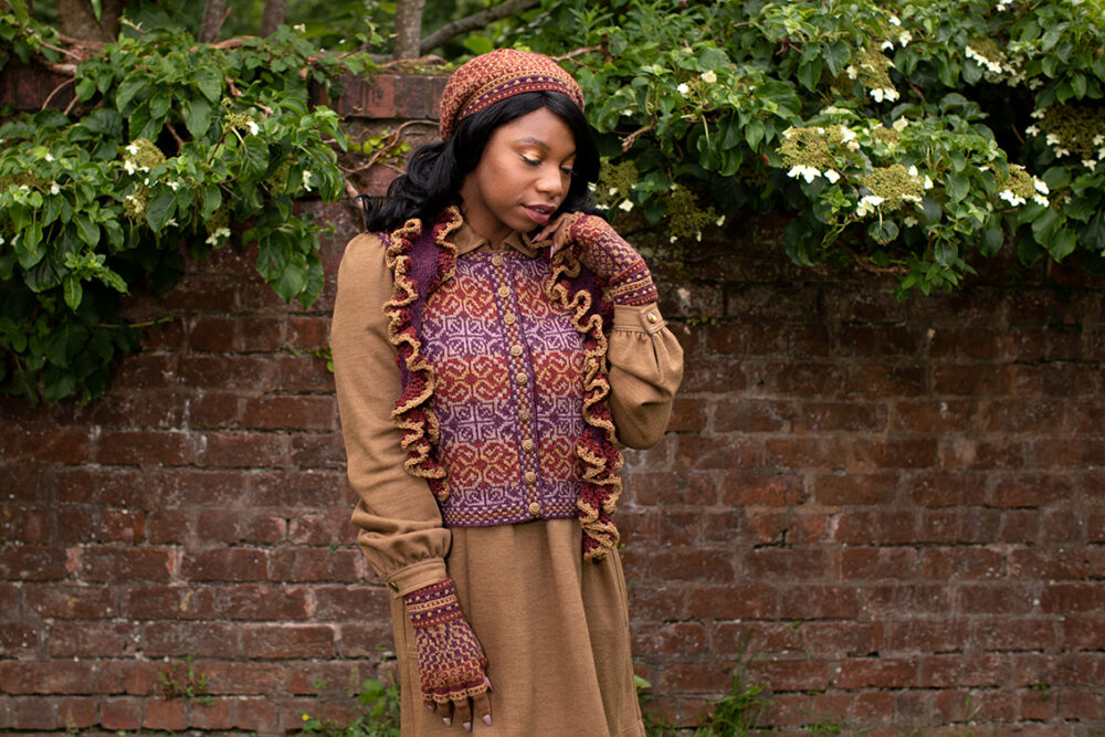Briodag Hat Set by Alice Starmore and Rosarie waistcoat design by Jade Starmore in Hebridean 2 Ply yarn