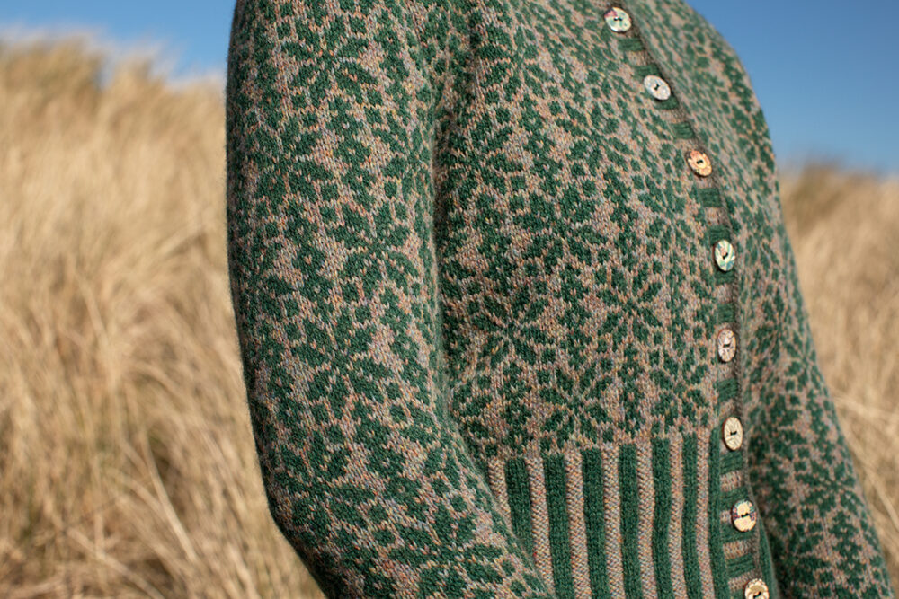 The Polaris Cardigan hand knitwear patterncard kit by Alice Starmore in Hebridean 2 Ply