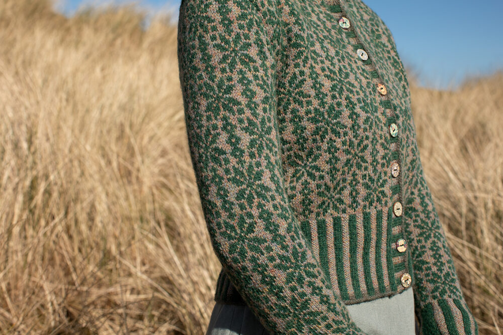 The Polaris Cardigan hand knitwear patterncard kit by Alice Starmore in Hebridean 2 Ply