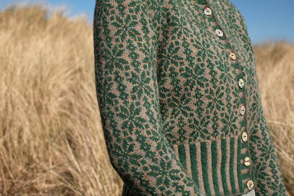 The Polaris Cardigan hand knitwear patterncard kit by Alice Starmore in Hebridean 2 Ply