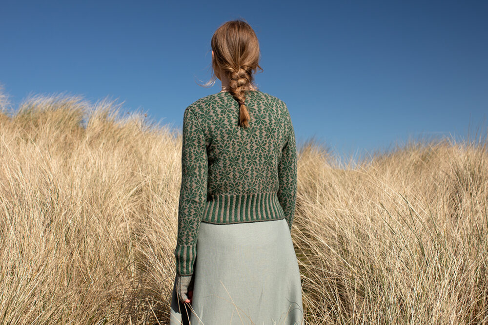 The Polaris Cardigan hand knitwear patterncard kit by Alice Starmore in Hebridean 2 Ply