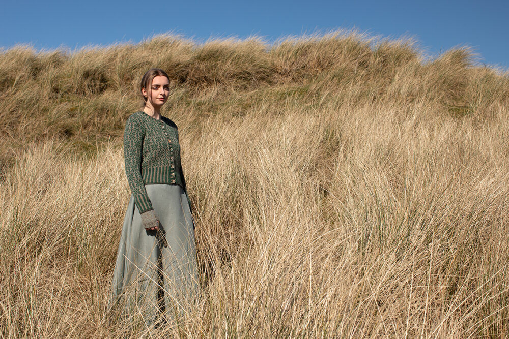 The Polaris Cardigan hand knitwear patterncard kit by Alice Starmore in Hebridean 2 Ply