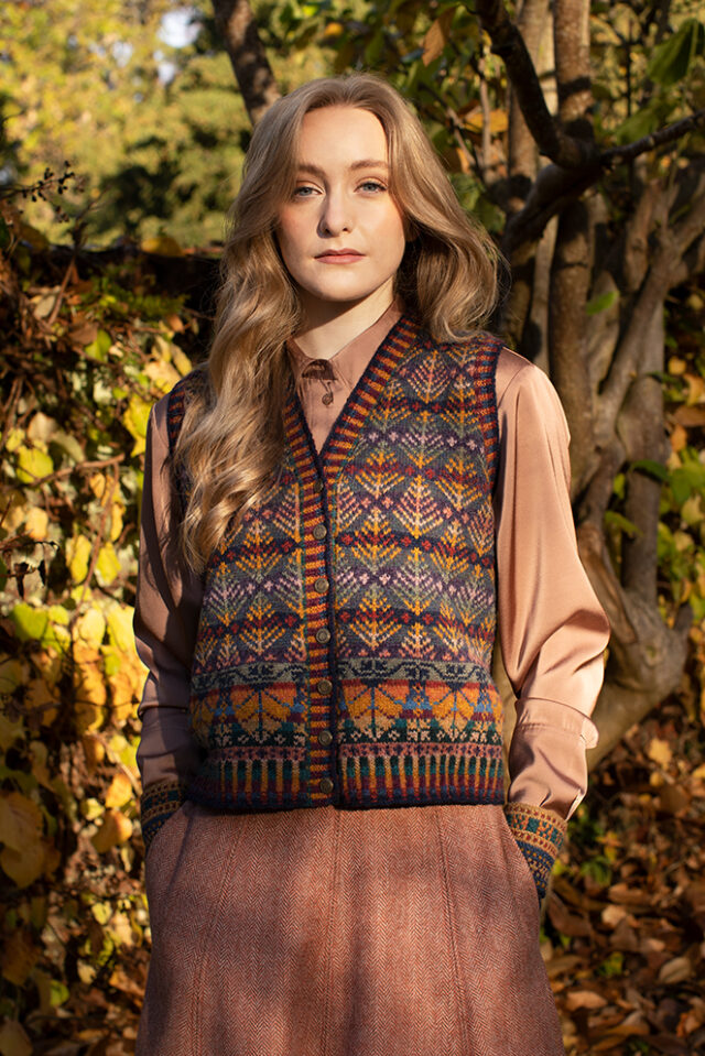 Oregon Autumn Vest patterncard kit design by Alice Starmore in Hebridean 2 Ply yarn