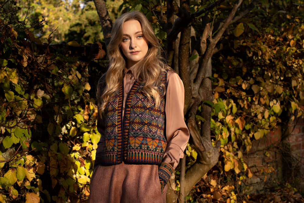 Oregon Autumn Vest patterncard kit design by Alice Starmore in Hebridean 2 Ply yarn