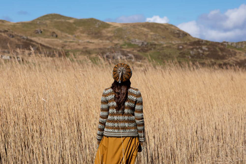 White Jacobite Rose Cardigan and Hat Set patterncard kits by Alice Starmore in Hebridean 2 Ply yarn
