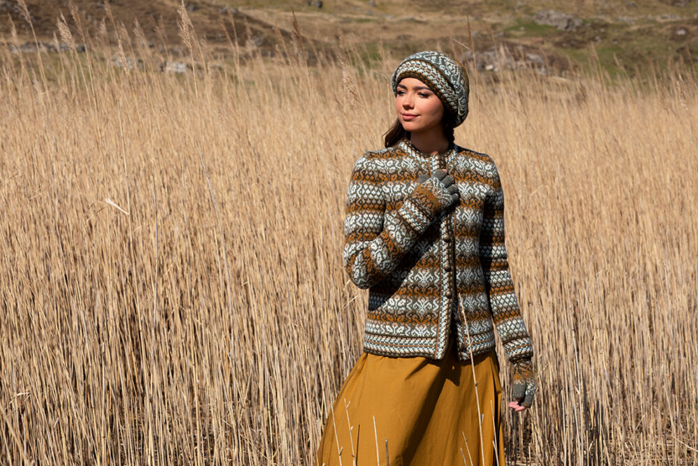 White Jacobite Rose Cardigan and Hat Set patterncard kits by Alice Starmore in Hebridean 2 Ply yarn