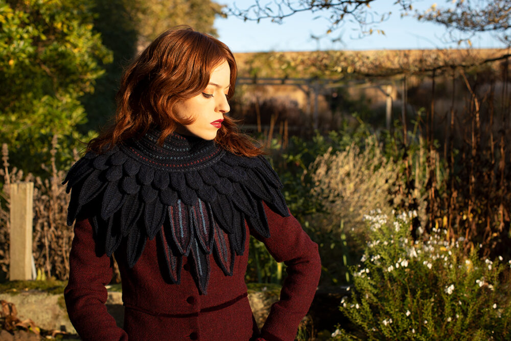 Lapwing Collar patterncard knitwear design by Alice Starmore in pure wool Hebridean 2 Ply hand knitting yarn