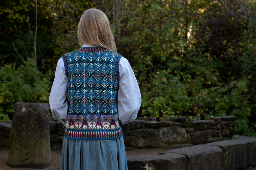 Oregon Spring Waistcoat patterncard knitwear design by Alice Starmore in pure wool Hebridean 2 Ply hand knitting yarn