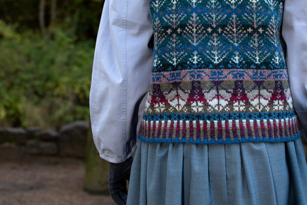 Oregon Spring Waistcoat patterncard knitwear design by Alice Starmore in pure wool Hebridean 2 Ply hand knitting yarn