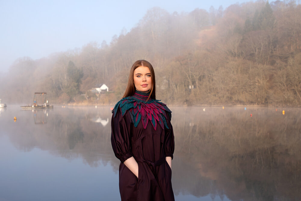 Ruffled Raven Collar patterncard kit design by Alice Starmore in Hebridean 2 Ply yarn