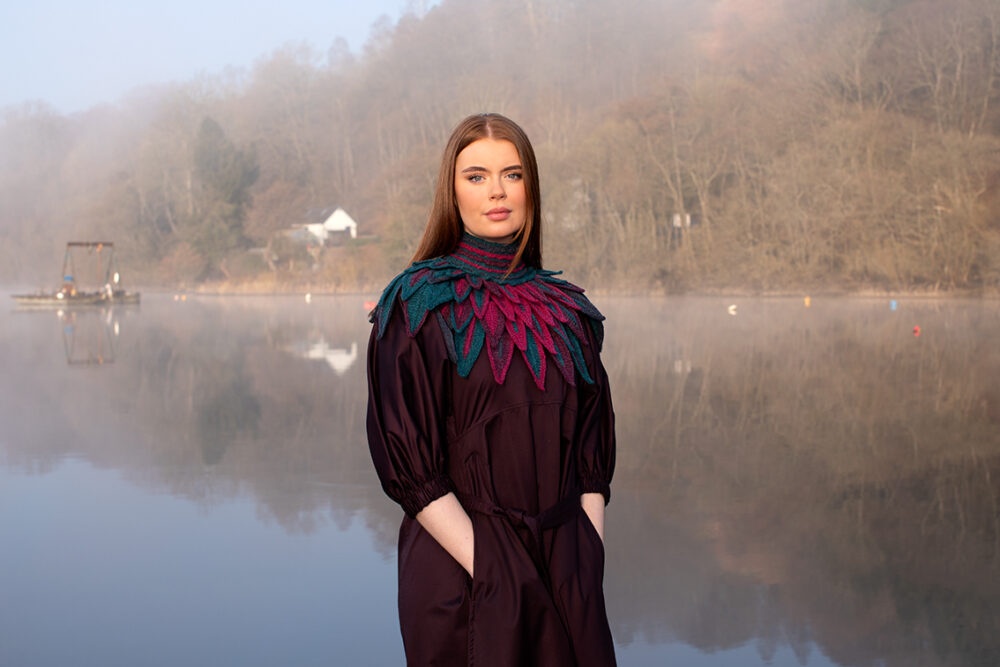 Ruffled Raven Collar patterncard kit design by Alice Starmore in Hebridean 2 Ply yarn