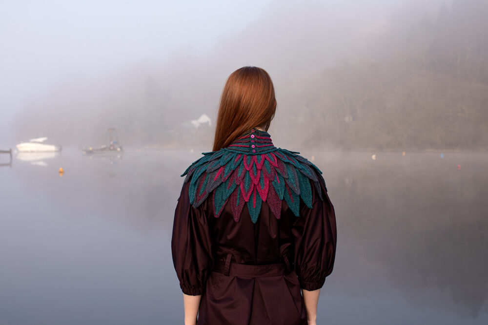 Ruffled Raven Collar patterncard kit design by Alice Starmore in Hebridean 2 Ply yarn