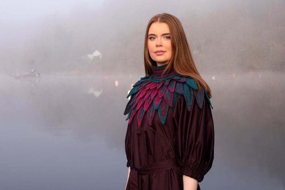 Ruffled Raven Collar patterncard kit design by Alice Starmore in Hebridean 2 Ply yarn