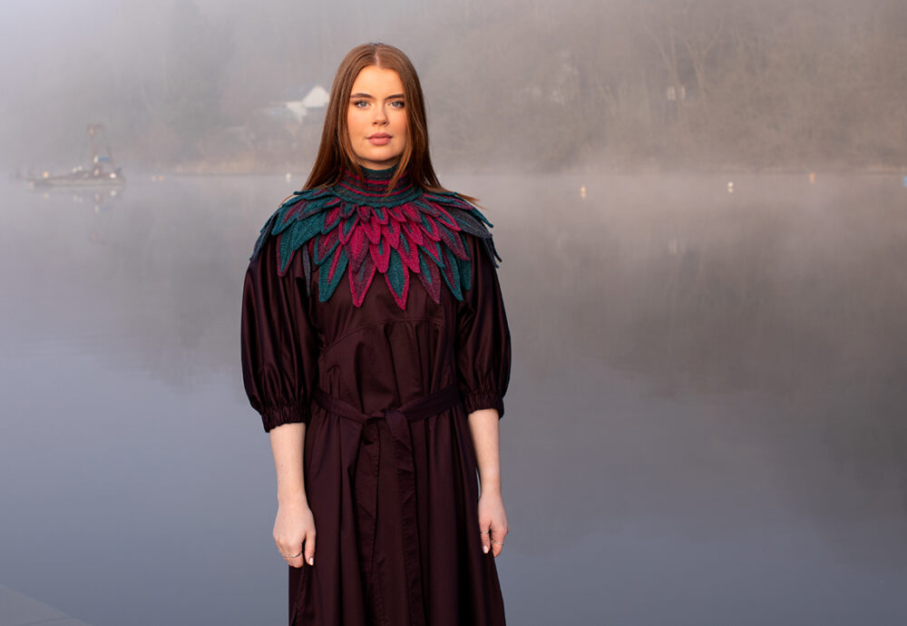 Ruffled Raven Collar patterncard kit design by Alice Starmore in Hebridean 2 Ply yarn