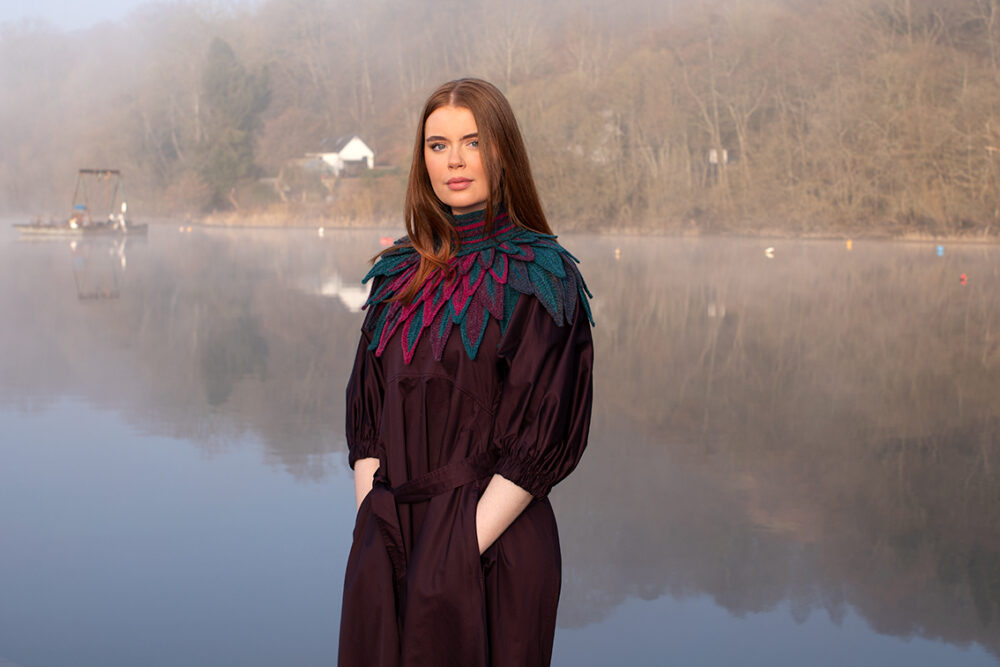 Ruffled Raven Collar patterncard kit design by Alice Starmore in Hebridean 2 Ply yarn