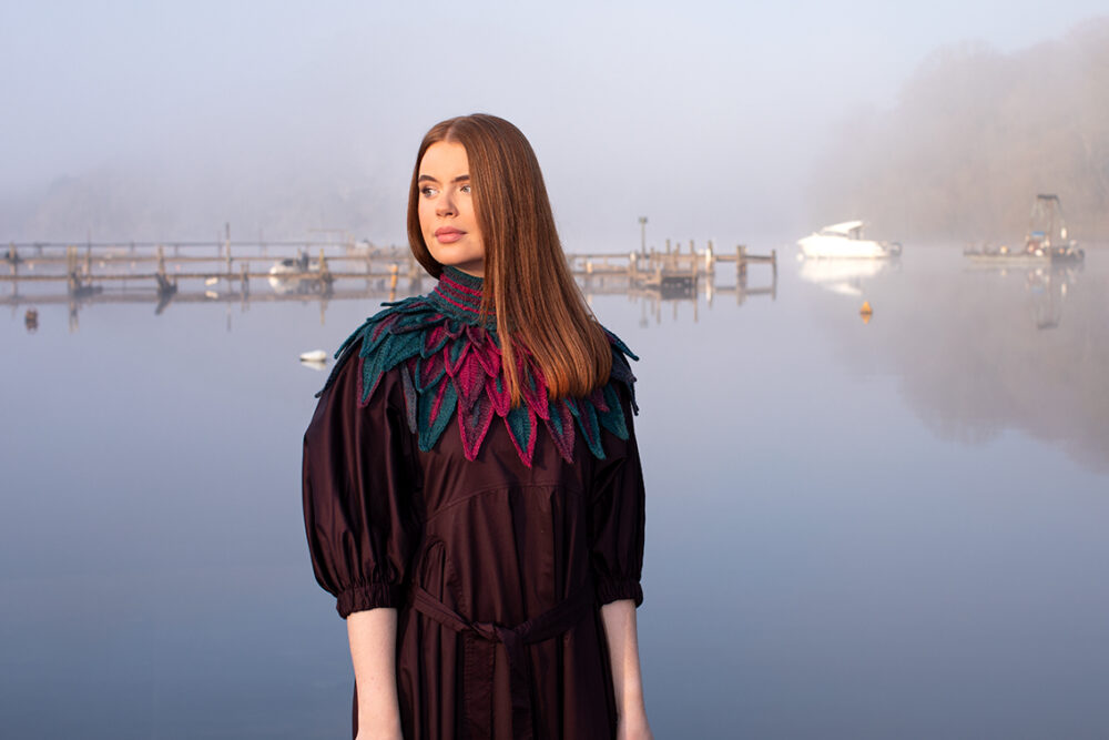 Ruffled Raven Collar patterncard kit design by Alice Starmore in Hebridean 2 Ply yarn