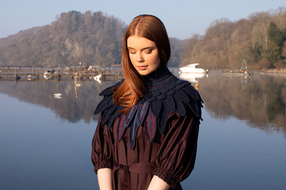 Lapwing Collar patterncard knitwear design by Alice Starmore in pure wool Hebridean 2 Ply hand knitting yarn