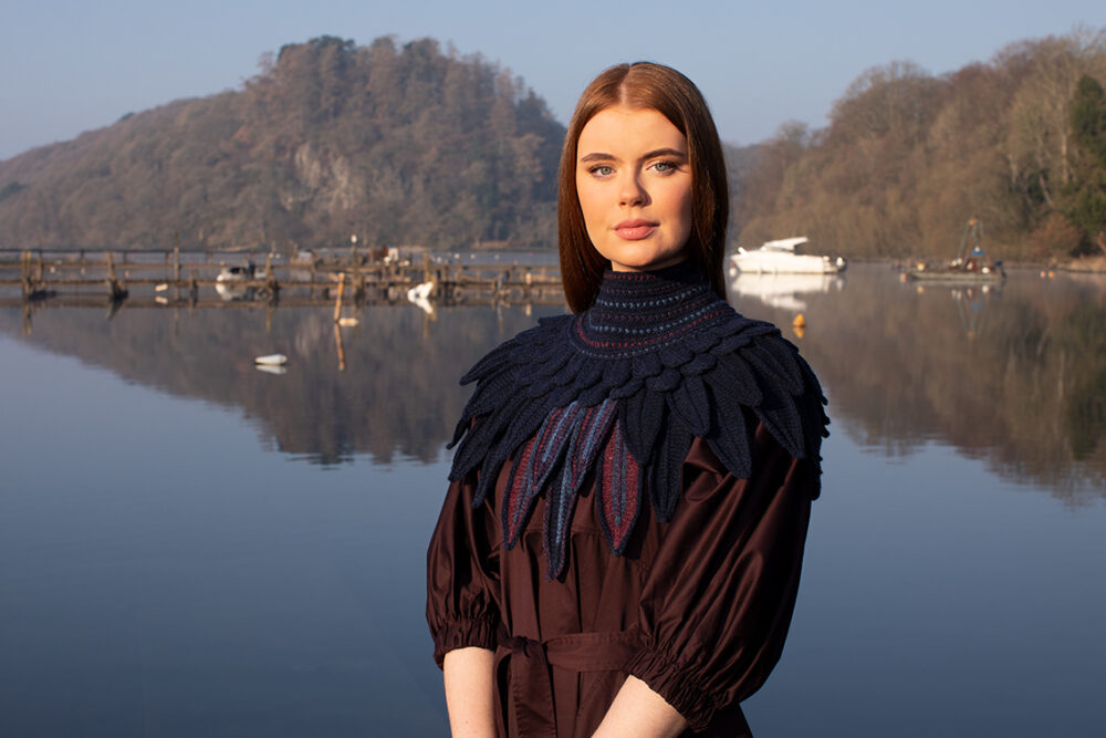 Lapwing Collar patterncard knitwear design by Alice Starmore in pure wool Hebridean 2 Ply hand knitting yarn
