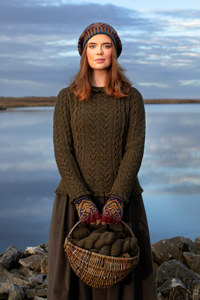 Maidenhair Pullover patterncard kit design by Alice Starmore in Hebridean 3 Ply yarn