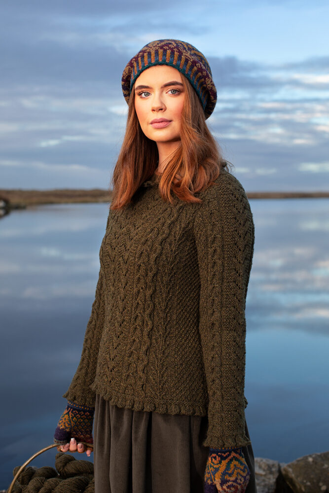 Maidenhair Pullover patterncard kit design by Alice Starmore in Hebridean 3 Ply yarn