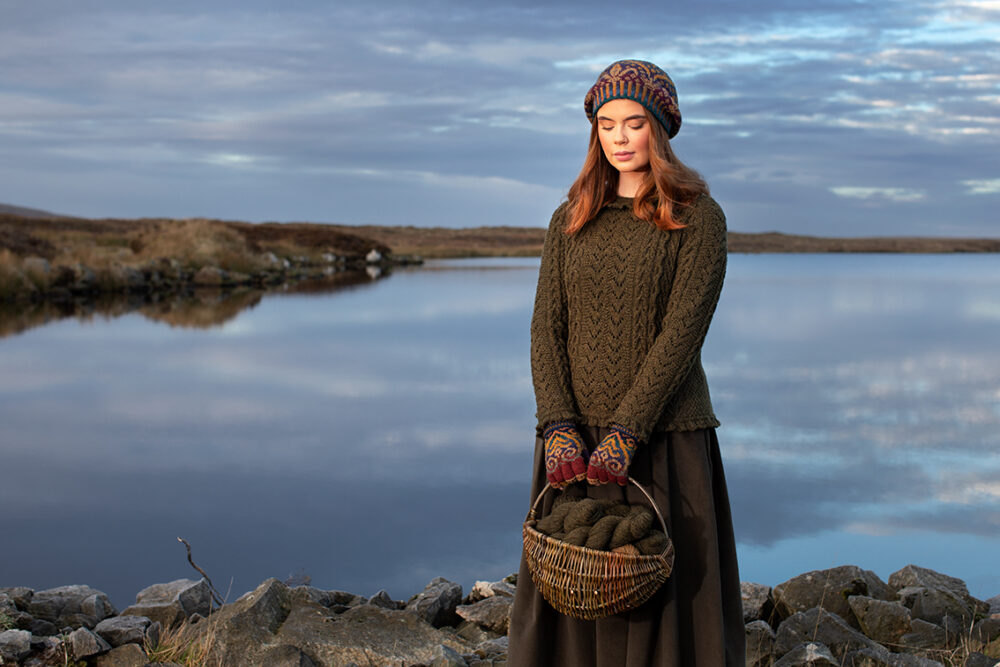 Maidenhair Pullover patterncard kit design by Alice Starmore in Hebridean 3 Ply yarn