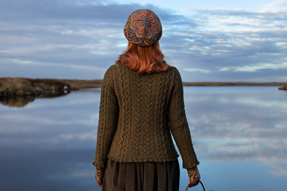Maidenhair Pullover patterncard kit design by Alice Starmore in Hebridean 3 Ply yarn