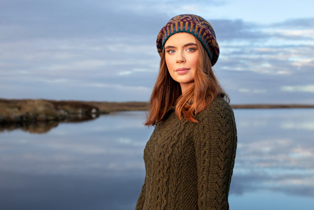 Maidenhair Pullover patterncard kit design by Alice Starmore in Hebridean 3 Ply yarn