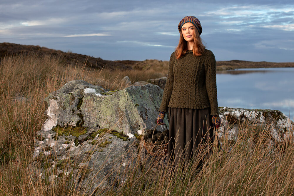 Maidenhair Pullover patterncard kit design by Alice Starmore in Hebridean 3 Ply yarn