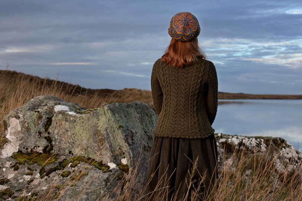Maidenhair Pullover patterncard kit design by Alice Starmore in Hebridean 3 Ply yarn