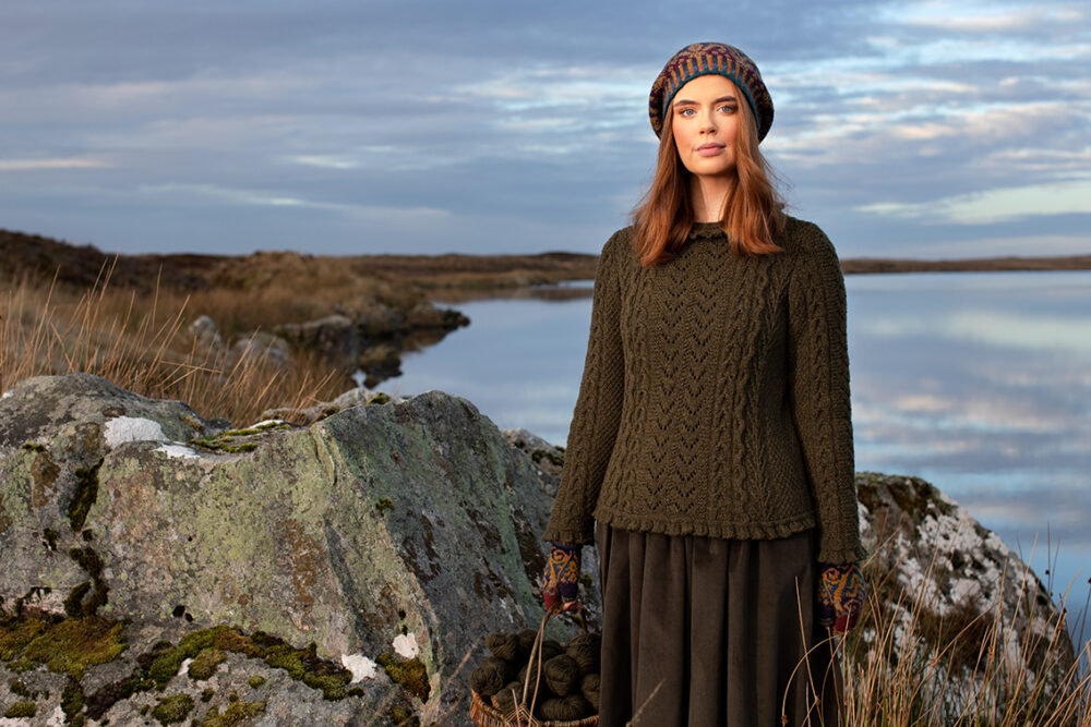 Maidenhair Pullover patterncard kit design by Alice Starmore in Hebridean 3 Ply yarn
