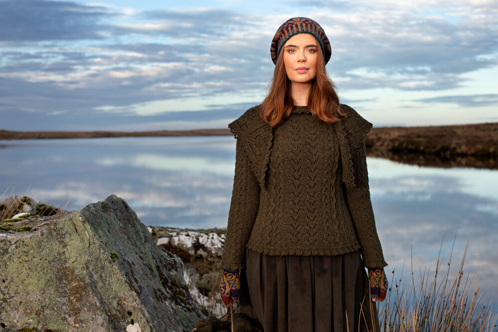 Maidenhair Pullover patterncard kit design by Alice Starmore in Hebridean 3 Ply yarn