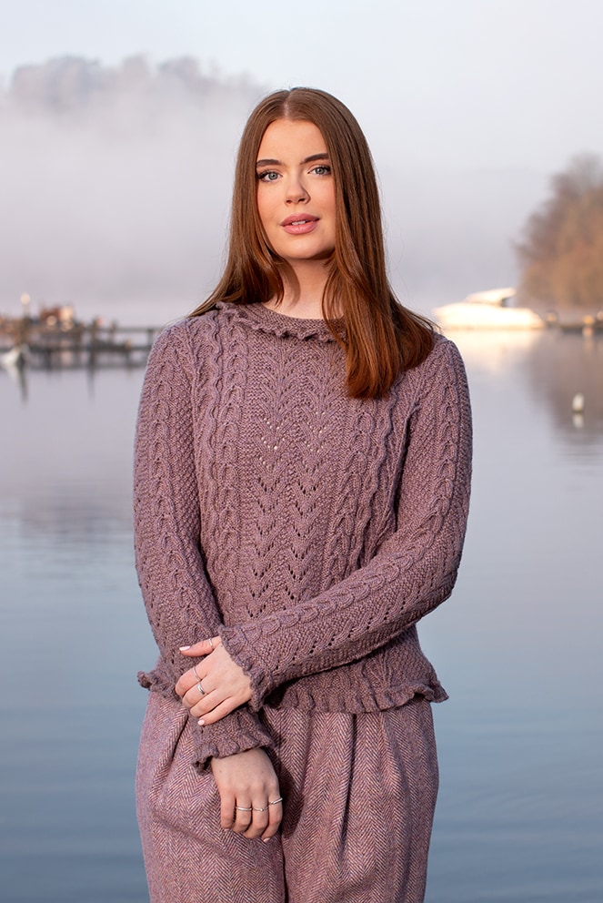 Maidenhair Pullover patterncard kit design by Alice Starmore in Hebridean 3 Ply yarn