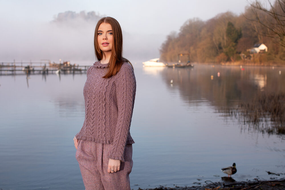 Maidenhair Pullover patterncard kit design by Alice Starmore in Hebridean 3 Ply yarn