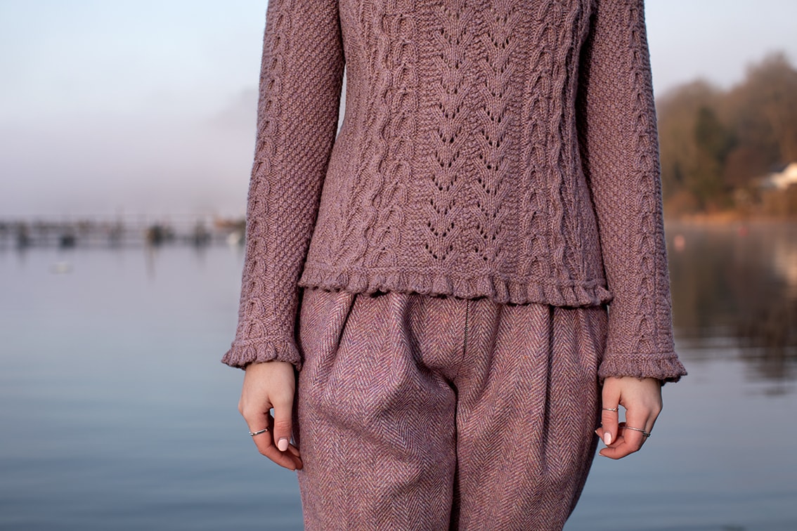 Maidenhair Pullover patterncard kit design by Alice Starmore in Hebridean 3 Ply yarn