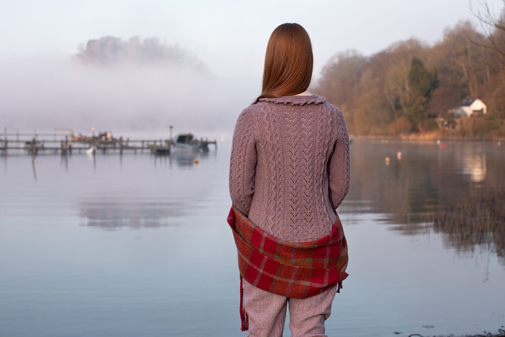 Maidenhair Pullover patterncard kit design by Alice Starmore in Hebridean 3 Ply yarn