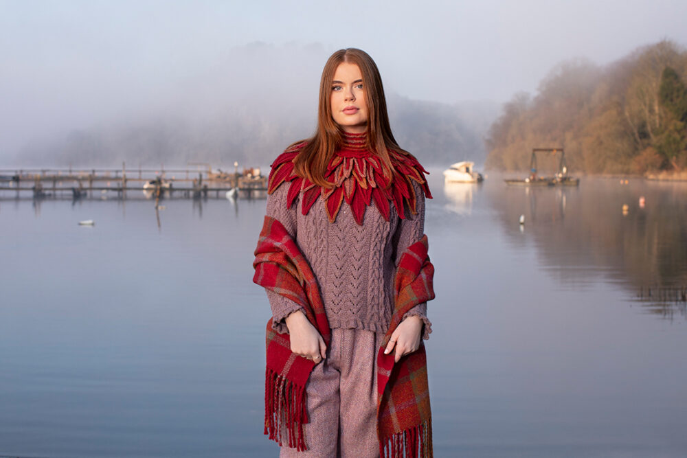 Ruffled Raven Collar patterncard kit design by Alice Starmore in Hebridean 2 Ply yarn